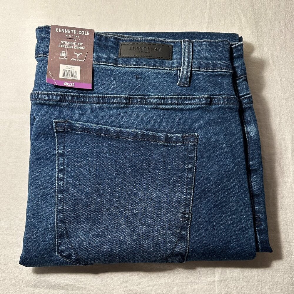 Kenneth Cole New York Men's Pant 40X32 Blue Straight Fit 2 Way Stretch Denim NEW